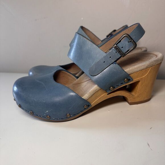 Dansko Thea Mary Jane Studded Two-Tone Ankle Strap Leather Clog Wooden Heel 37 - Picture 5 of 10